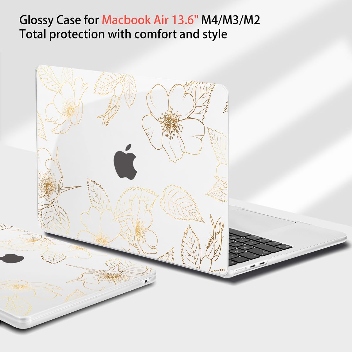 Teryeefi for MacBook Air 13.6 inch Case M5 M4 M3 M2 2022 2023 2024 2025 Model A2681 A3113 A3240 A3449 Plastic Hard Shell Cover with Screen Protector & Keyboard Cover & USB Adapter, Gold Flower Leaf