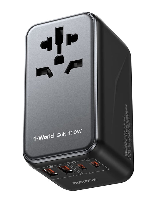 MOMAX 100W Universal Travel Adapter, 5-in-1 GaN International Power Adapter for Laptop, Phone, 2 USB-C PD & 2 USB-A QC Wall Charger, European Travel Plug Adapter for UK/US/AUS/JP, Travel Essentials