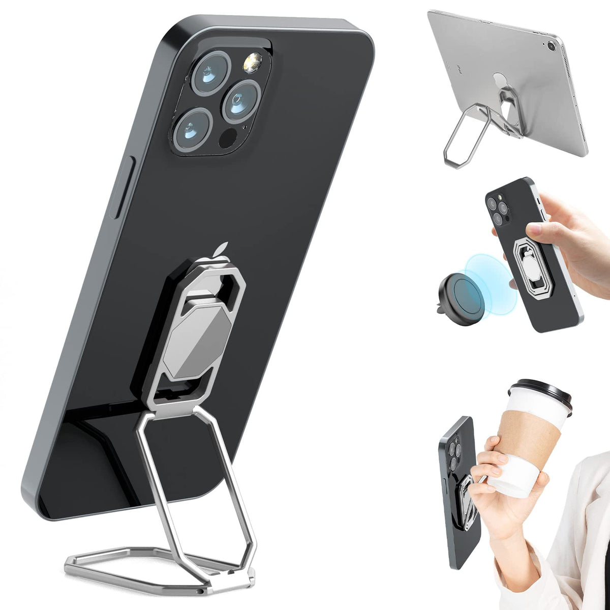 Phone Holder Foldable Phone Stand Phone Ring Holder Finger Kickstand 360° Rotation Cell Phone Stand Metal Phone Grip for Magnetic Car Mount Sticky Phone Grip Compatible with Most Smartphones