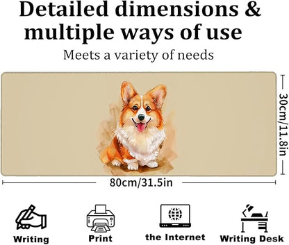 Watercolor Corgi Gaming Mouse Pad, Large Office Desk Mat, Anti-Slip Rubber Base Mousepad for Computer Laptop Keyboard, Smooth Desk Pad for Home Office Gamer Work Accessories 31.5" x 11.8"