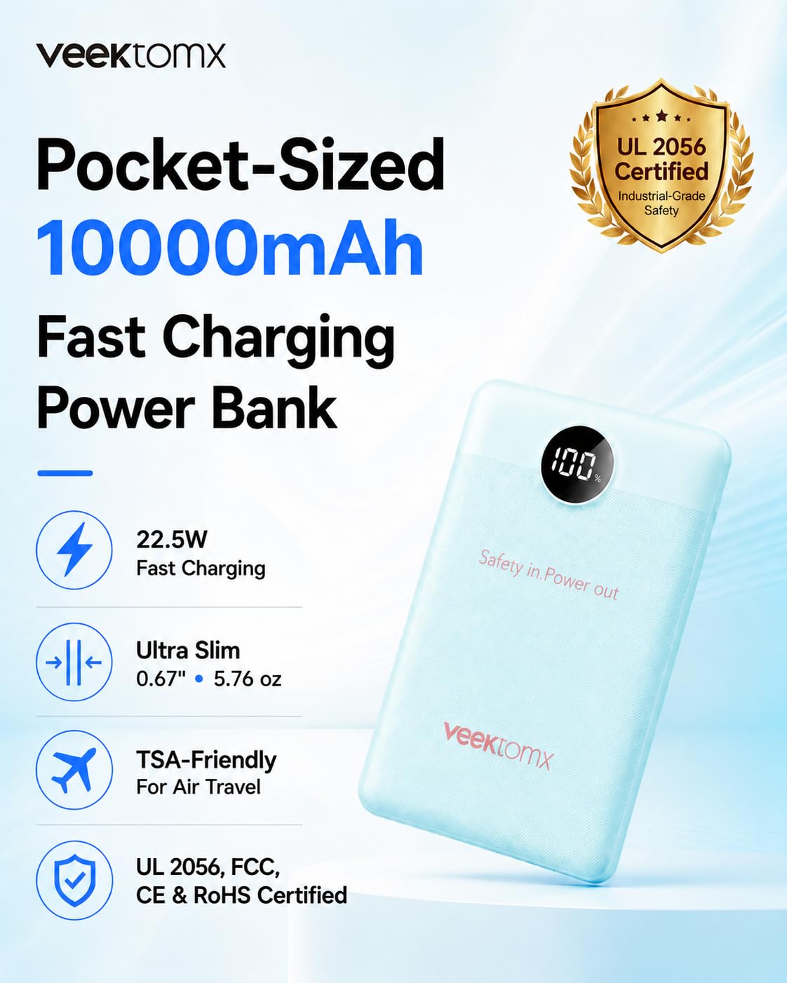 VEEKTOMX 10000mAh Mini Power Bank, 22.5W Fast Charger for iPhone Android