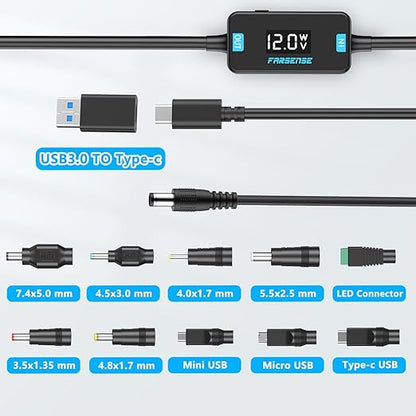 FARSENSE USB C to DC Adapter,Barrel PD Trigger Cable(3.3ft) with 10 Connector Tips,USB to DC Power Cable can Switch Voltage by Pressing The Key,Support LED Display Voltage