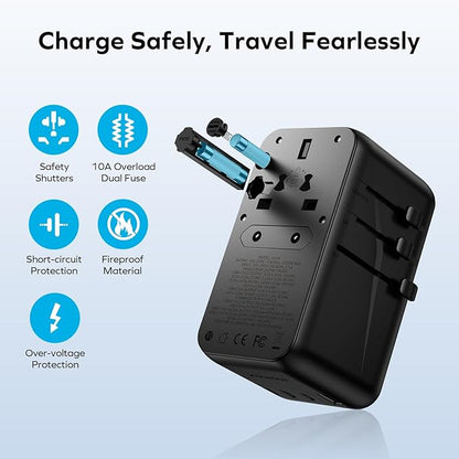 MOMAX 140W Universal Travel Adapter, GaN Technology, EU/UK/AUS/US/JP Worldwide, Fast Charging for iPhone, MacBook pro, Vision Pro, Charging Cable Included