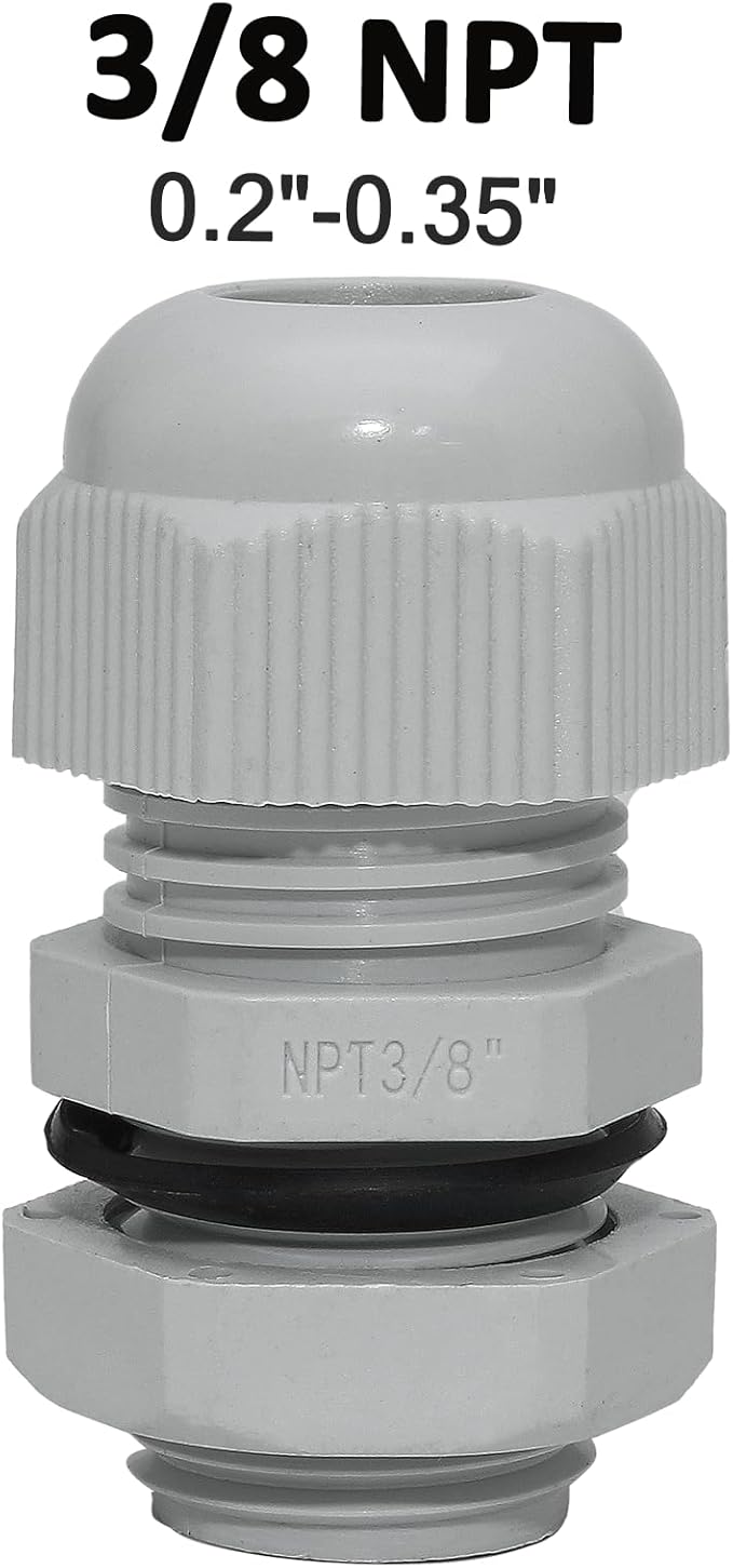 20 Pcs 3/8" NPT Nylon Cable Glands, IP68 Waterproof Adjustable Cord Grip Cable Connector Strain Relief Wire Protectors for 5-9mm Cable Diameter, Grey