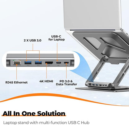 Tobenone Laptop Docking Station Stand for MacBook Pro/Air/Dell/HP/Surface/Lenovo, Mac Docking Station with 4K HDMI, USB 3.0, RJ45, PD 3.0, USB C Laptop Stand Hub for Desk with 360 Rotating Base Grey