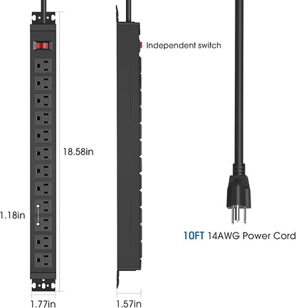 2Pack Rotating Mountable Power Strip, 12 Outlet Wall Mount Surge Protector, Metal Heavy Duty and Versatile Outlet Strip, Stylish Appearance, Sturdy and Durable, 10ft Power Cord.(Black)