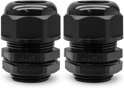 2 Pcs 1" NPT Nylon Cable Glands, Black Strain Relief Cable Cord Connector IP68 Waterproof Junction Box Wire Protectors Adjustable for 18-25mm Cable Diameter