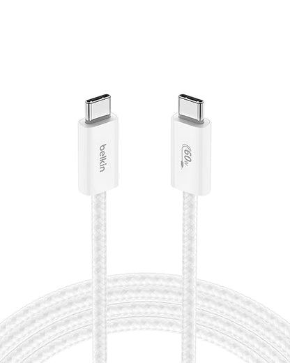Belkin USB C to USB C Cable, 6.6ft, 60W - Type C Charger, iPhone Charger Cord, Soft, Braided, Flexible for iPhone 16, Galaxy S25, Pixel 9, Airpods, iPad Pro, Tablet & More, Travel Essentials - White
