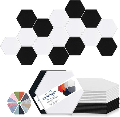 Mollywell Hexagon Acoustic Panels, High Density, Soundproofing, Decorative Noise Reduction Felt Wall Tiles for Ceilings, Home Office & Gaming Room (Black and White), 14x12x0.4 Inch