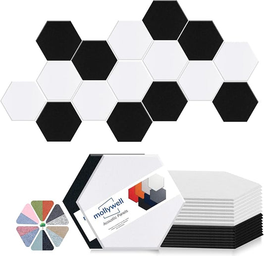 Mollywell Hexagon Acoustic Panels, High Density, Soundproofing, Decorative Noise Reduction Felt Wall Tiles for Ceilings, Home Office & Gaming Room (Black and White), 14x12x0.4 Inch