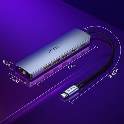 USB C Hub Ethernet, KOZYC 6-in-1 USB C Hub with 10Gbps, HDMI 4K 60Hz, 1Gbps Ethernet, 3xUSB-A 3.2, 100W PD Compatible with MacBook Air/Pro, XPS13/15, Dell