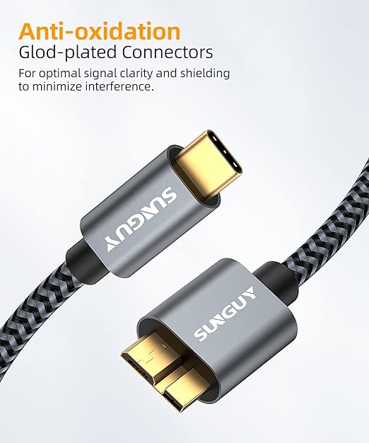 SUNGUY 10Gbps 5FT Micro B to USB C Hard Drive Cable, USB 3.1 USB C to Micro B, High-Speed External Hard Drive USB C Cable for iPhone 16 15 Pro/Pro Max, MacBook Pro/Air, WD Toshiba Westgate Seagate