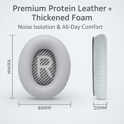 Premium Replacement Ear Pads for Bose QC2, QC15, QC25, QC35 I & II – Soft Protein Leather & Memory Foam Cushions – Enhanced Noise Isolation – Easy Installation Kit & Cleaning Cloth (Silver)