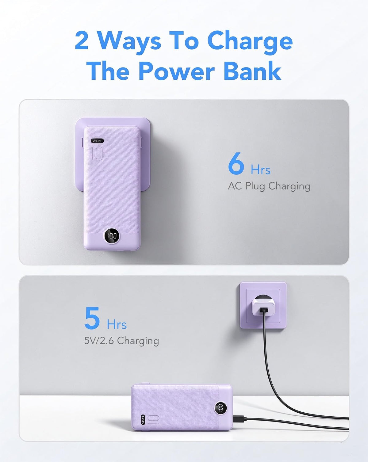 VRURC Portable Charger Built-in Cables and AC Wall Plug, USB C Power Bank 10000mAh, Travel Essentials Phone Charger Compact Lightweight External Battery Pack for Smart Phones, Tablets etc-Purple