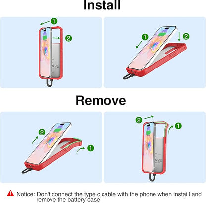 GIN FOXI Fast Charging Battery Case for iPhone 15/15 Pro, 7000mAh 15W Ultra Slim Charger Case Rechargeable Portable Extended Power Bank Case Cover Battery Pack Built-in Cable, Red (6.1”)