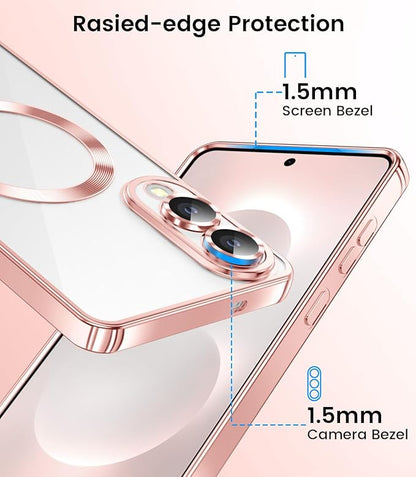 Slim Thin for Samsung Galaxy S25 Edge Case, Compatible with MagSafe, Built-in Camera Lens Protector, Shockproof Protective Phone Case, Soft Electroplated Clear Cover, Rose Gold