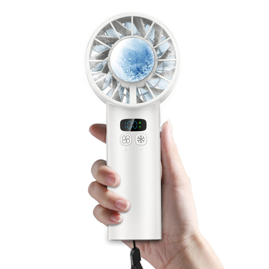 2025 Portable Handheld Ice Fan, Turbo Cooling Fans, 5200mAh, 100 Gear Hurricane Wind, ANC Silent Motor, Digital Display, USB C Rechargeable, Mini Icy Personal Electric Fan for Outdoor & Indoor (White)