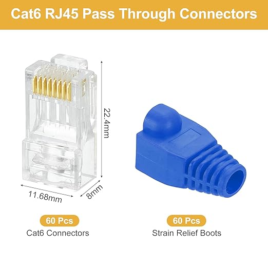MECCANIXITY 60pcs Cat6 RJ45 Pass Through Connectors, RJ45 Connector 8P8C Gold Plated Plugs with 60pcs Blue Strain Relief Boots for Solid or Stranded UTP Ethernet Cable, 1.1mm
