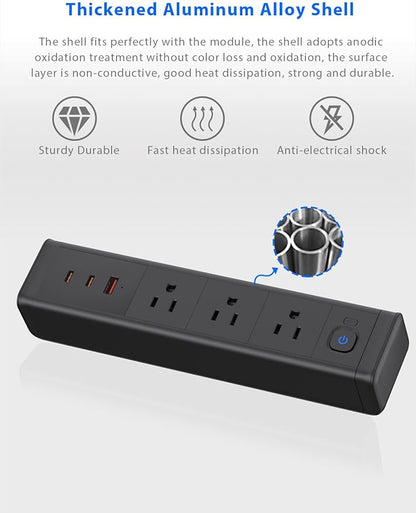Desk Clamp Power Strip with 65W USB-C&USB A Ports 3 AC Outlet, Nightstand Edge Mount Charging Station Power Strip with USB-C Ports Tabletop Surge Protector for Home Office, Dorm Room(Black)