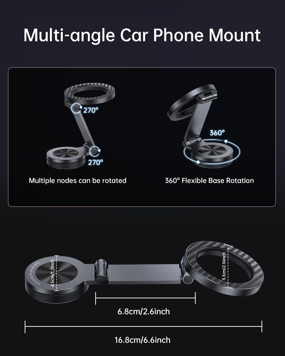 SYNCWIRE for MagSafe Car Mount 【360° Rotation】 Magnetic Phone Holder for Car, Adjustable Metal Arm, Car Magnet Phone Mount for Dashboard, Car Accessories Fit iPhone 17 16 15 14 13 Pro Max &All Phones