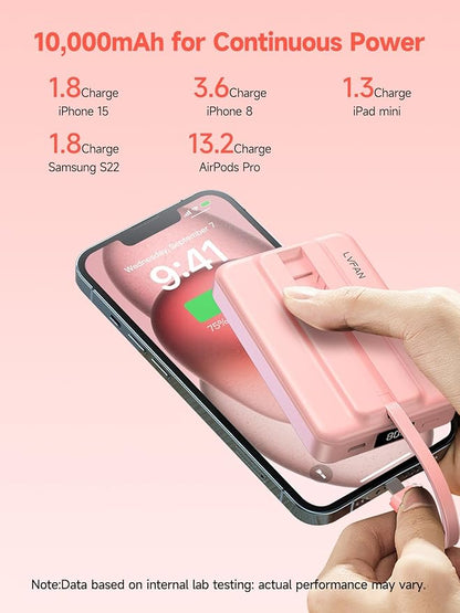 LVFAN for Magsafe Power Bank 10000mAh, Fast Charging Wireless Magnetic Portable Charger with Built-in USB C in&Out Cable, Travel LED Display Battery Pack for iPhone 17 16 15 14 13 12