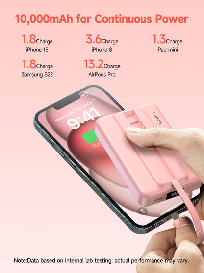 LVFAN for Magnetic Power Bank 10000mAh, Fast Charging Wireless Magnetic Portable Charger with Built-in USB C in&Out Cable, Travel LED Display Battery Pack for iPhone 17 16 15 14 13 12