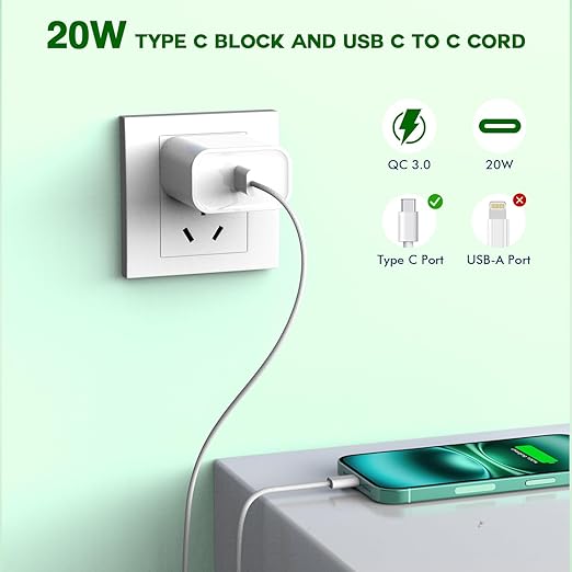iPhone 16 15 Charger Fast Charging,3Pack 20W USB C Charger Type C Chargers Plug Wall Chargers 10FT USB-C Woven Charge Cable for iPhone 16e/16 Pro Max/16Pro/16 Plus/15 ProMax/iPad Pro/Air/Mini,AirPods