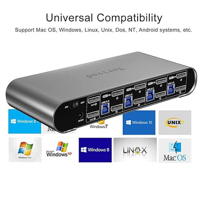 4 Computers 2 DP Monitors Automatic KVM Switch, 8K@30Hz 4K@144Hz 4 Port DP USB 3.0 Dual Monitor, Aluminum hotkey Audio Microphone, Digital Display, HDR10 with Cables