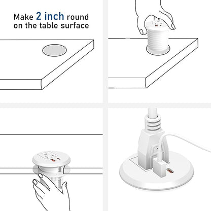 Desktop Power Grommet 2 Inch Hole, PD 30W USB C Fast Charging Station, Recessed Outlet, Ultra Thin Flat Plug Power Strip, Slim Extender, Table Outlets for Home, Office, 6ft Cord, White