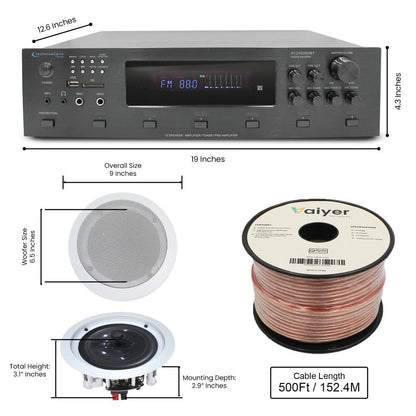 Vaiyer Home Audio System Kit, 6-Channel 6000 Watts Bluetooth Amplifier with 6.5" 10 Qty of 200 W Each in-Wall in-Ceiling Speakers & 16 AWG 500 ft. Speaker Wire - Perfect for Home, Office, Restaurants