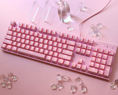 i-rocks K75M Illuminated Mechanical Keyboard, 104 Keys, PBT Keycaps, Backlit LED Light and Shortcut Keys - Programmable Light & Macro Recorder (Cherry MX Red Switch, Pink)