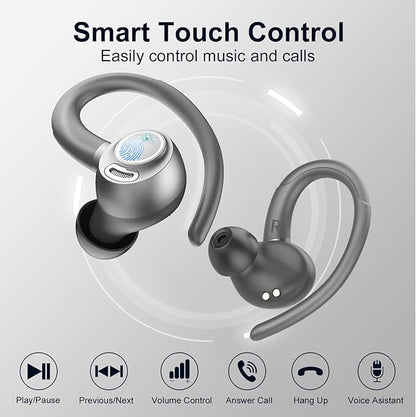 Wireless Earbuds Bluetooth 5.3 Headphones Sports, 48Hrs Playtime Bluetooth Earbuds with CVC 8.0 Mic, Stereo Bass Over Ear Bud with Earhooks, LED Display, IP7 Waterproof Earphon for Running Gray