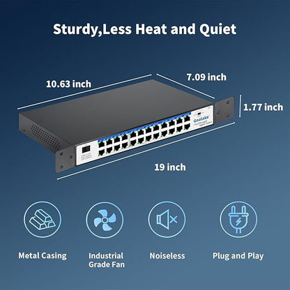 Easy Smart Managed Ethernet Switch, 24 Port Gigabit Switch,Network Hub, Ethernet Splitter, Plug & Play, Industrial Grade Fan Design, VLAN, Qos, Desktop or Wall Mount