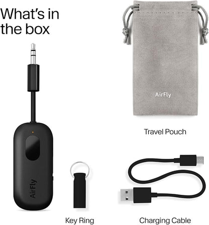 Twelve South AirFly Pro Bluetooth Wireless Audio Transmitter/Receiver for up to 2 AirPods/Wireless Headphones; Use with Any 3.5 mm Audio Jack, Black