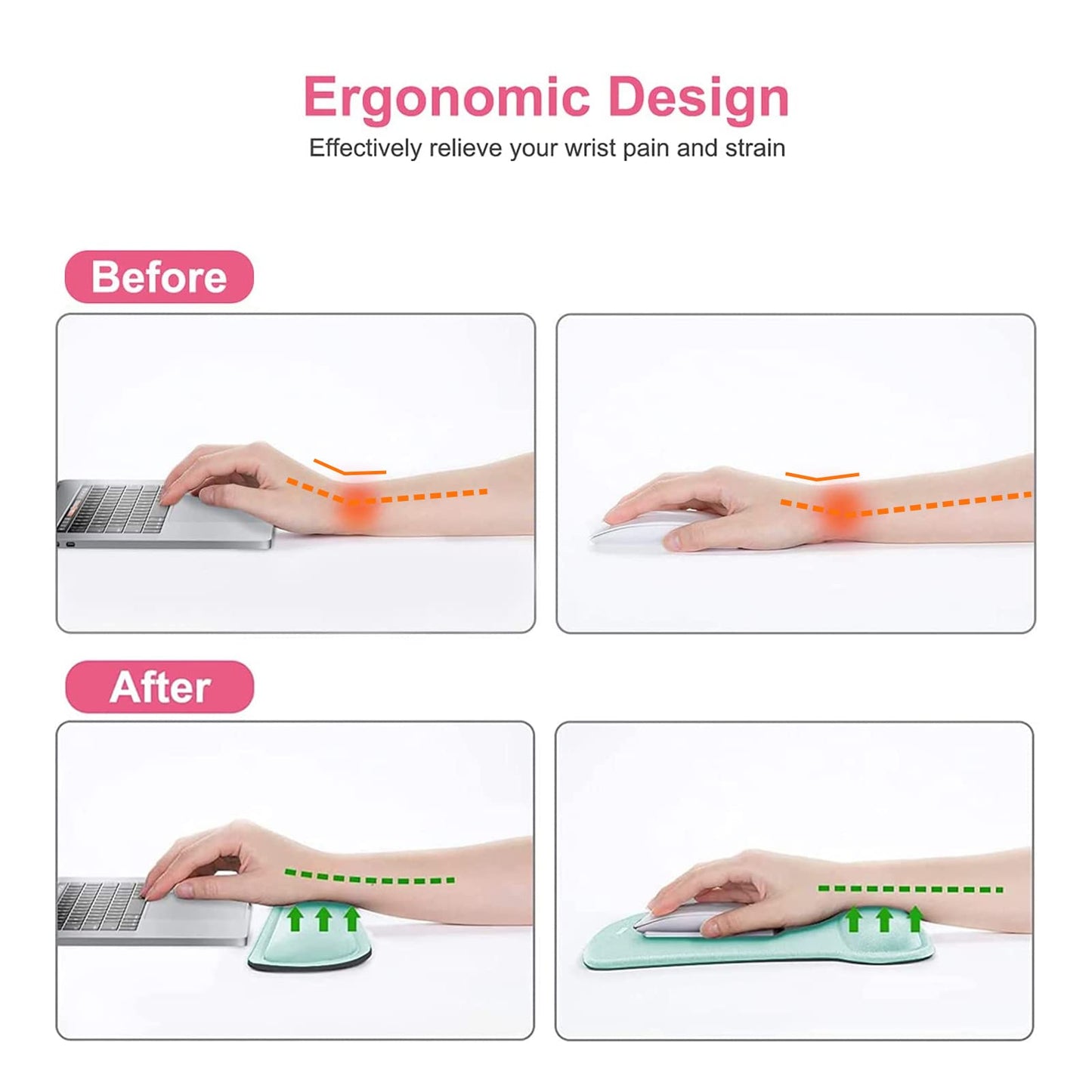 MOSISO Wrist Rest Support for Mouse Pad & Keyboard Set, Ergonomic Mousepad Non-Slip Base Home/Office Pain Relief & Easy Typing Cushion with Neoprene Cloth & Raised Memory Foam, Mint Green