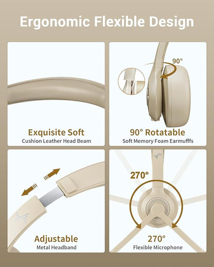 Wireless Headset with AI Noise Cancelling Microphone Bluetooth Headset - Bluetooth V5.2 Headphones with USB Dongle & Mic Mute for Computer/Laptop/PC/iPhone/Android/Cell Phones/Zoom-Apricot