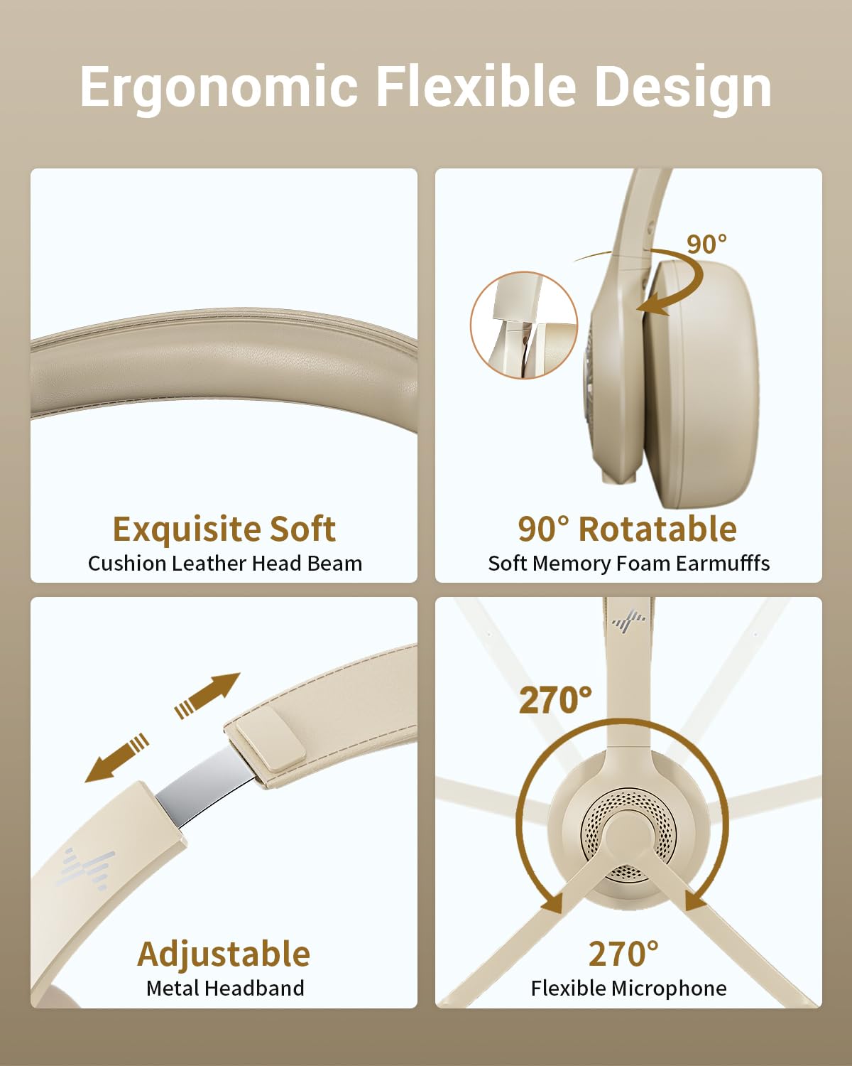 JIAMQISHI Bluetooth Wireless Headset with Mic for Work, Bluetooth 5.2, Advanced Noise Reduction Microphone, Clear Calls - Comfortable On-Ear Headphones, Applicable to PC, Laptop, Phone（Apricot）