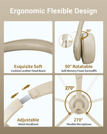 JIAMQISHI Bluetooth Wireless Headset with Mic for Work, Bluetooth 5.2, Advanced Noise Reduction Microphone, Clear Calls - Comfortable On-Ear Headphones, Applicable to PC, Laptop, Phone（Apricot）