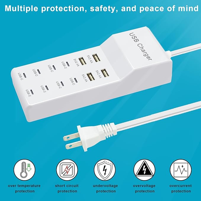 USB C Power Strip USB Charging Station 4 USB-A Ports and 8 USB-C Ports Multiple USB Charging Block with Auto-Detect Technology Compatible with Smart iPhone Tablet Laptop Multiple Devices