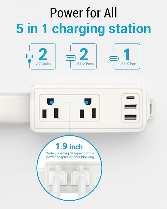Outlet Extender Stick | Free Combination | USB-A, USB-C Port, 2 AC Outlets, Extend 9” to 36”, 360° Combine| Plug Extender | Put Behind Nightstands, Sofa, Bed, Cabinet etc.