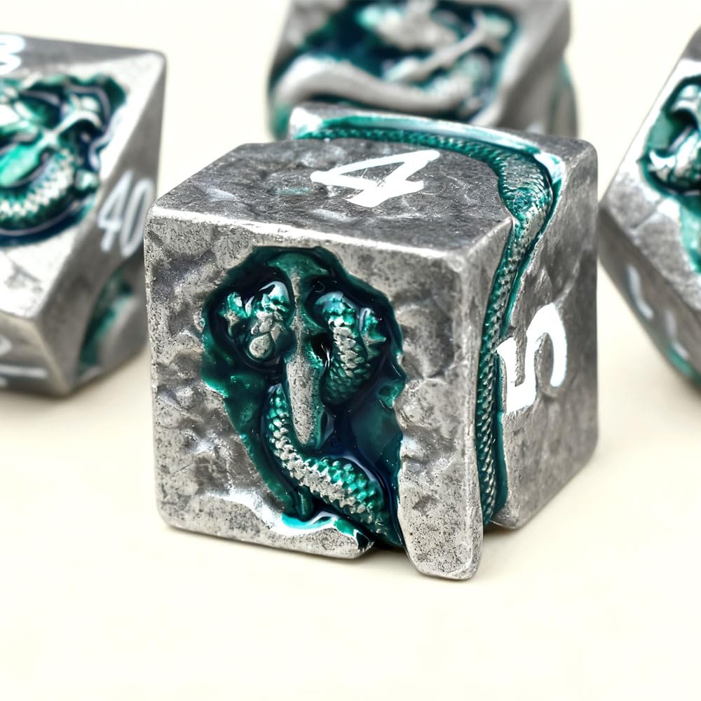 RULE DICE Serpent's Embrace Metal DND Dice Set - 7pc Polyhedral D&D Dice for TTRPGs Like Dungeons and Dragons and Pathfinder - Emerald Green Snake Design, Heavy & Balanced for Tabletop Gaming
