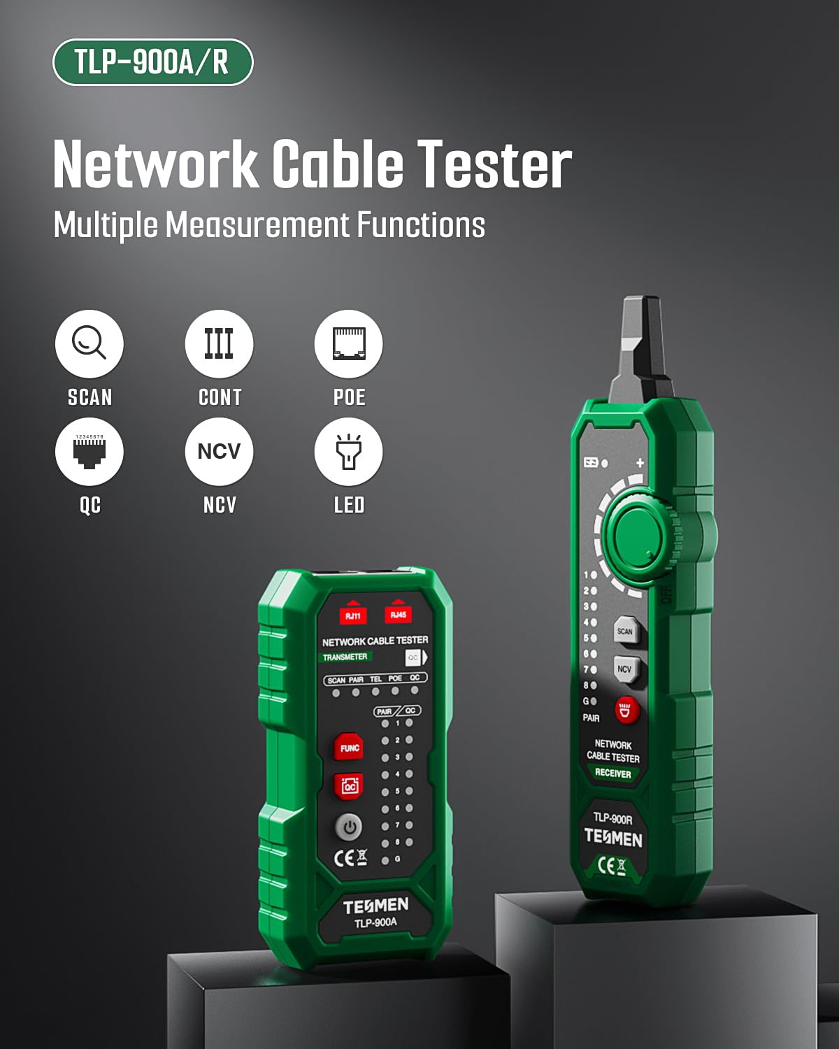 TESMEN TLP-900AR Network Cable Tester, RJ11 RJ45, for CAT5/6/POE/STP, Multi-function Cable Tracer with Pairing, Continuity, QC&NCV, Suitable for Ethernet, Telephone, Wire maintenance and sorting-Green