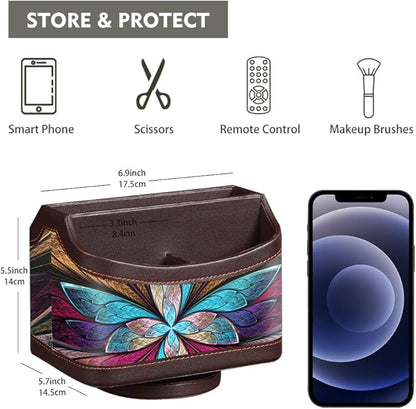Fanousy 360° Rotating Remote Control Holder, PU Leather TV Remote Caddy Organizer Basket Storage Box with 5 Compartments for Pen, Pencil, Art Supplies, Makeup Brush, Office Desk Table Accessories