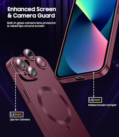 Magnetic for iPhone 13 Case [Compatible with MagSafe][Built-in Camera Lens Protector] Slim Soft Silicone Bumper Shockproof Metallic Luster Phone Case (Burgundy)