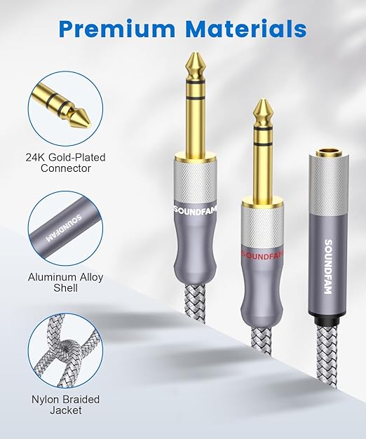 1/4" Splitter Cable 2 Feet/60CM,Microphone Splitter 1 Female to 2 Male TRS 1/4 inch Splitter 6.35mm Stereo Female Plug to Dual 6.35mm Male-Grey