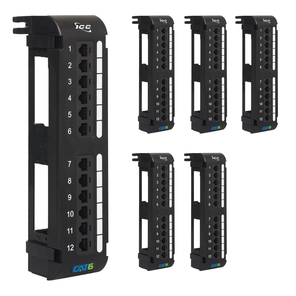 ICC CAT6 RJ45 Patch Panel, 12-Port Wall Mount Rear IDC, Black, 1-Pack