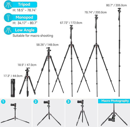 SmallRig CT-20 Camera Tripod, 78.7" Foldable Aluminum Tripod & Monopod, 360°Ball Head Detachable, Payload 33lb (200cm/78.7")