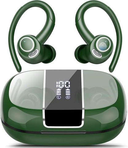 Wireless Earbuds Bluetooth 5.3 Headphones Sports, 48Hrs Playtime Bluetooth Earbuds with CVC 8.0 Mic, Stereo Bass Over Ear Bud with Earhooks, LED Display, IP7 Waterproof Earphon for Running Green