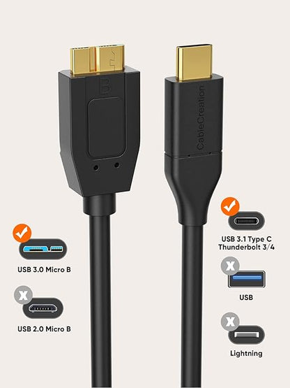 CableCreation 2FT USB C to Micro B Cable,10Gbps Speed External Hard Drive Braided,USB 3.1 Type C to Micro B Work for iPhone 15/16,Seagate WD Westgate My Passport,MacBook Pro/Air, iPad/Tablet,Black