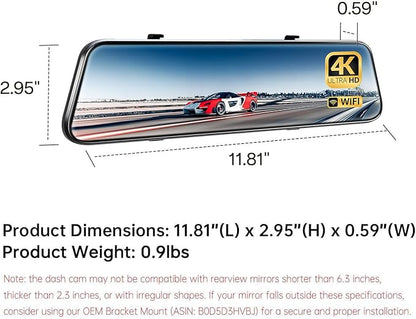 Pelsee P12 Plus 4K Rear View Mirror Camera with ADAS and BSD, 5.8GHz WiFi Mirror Dash Cam Front and Rear, Backup Camera for Car, GPS, 64GB Card Included, WDR Night Vision, Voice Control, 12" Display